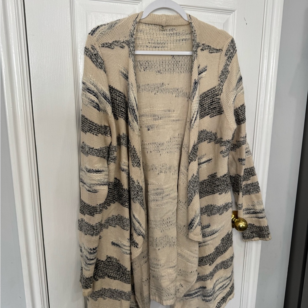 Lucky Brand Beige and Black Marled Open-Front Cardigan